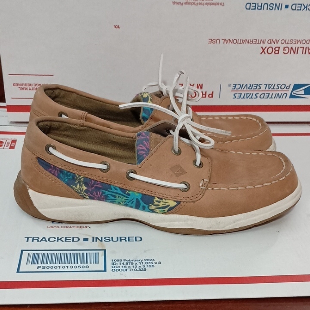Sperry Women Tan Boat Shoes with Colorful Accents Size 6M